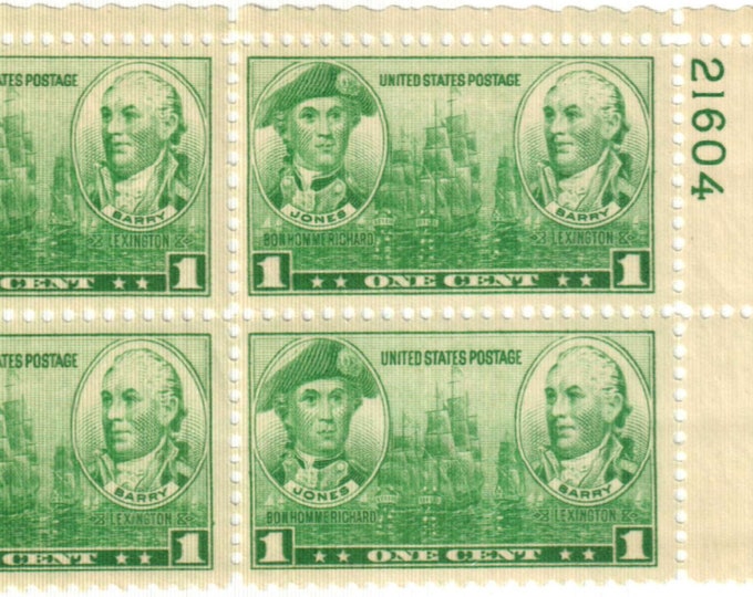 John Paul Jones and John Barry Plate Block of Four 1-Cent United States Postage Stamps Issued 1936