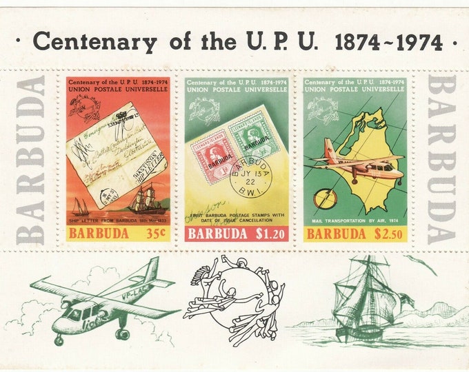 1974 Centenary of the Universal Postal Union Barbuda Souvenir Sheet of Three Postage Stamps Mint Never Hinged