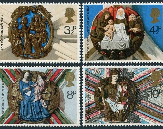 Church Roof Ornamentation Set of Four Great Britain Christmas Postage Stamps Issued 1974