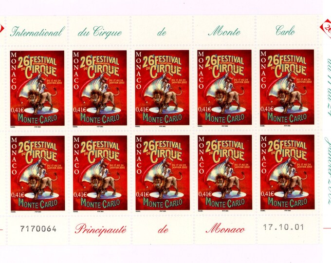 Monte Carlo Circus Festival Miniature Sheet of Ten Monaco Postage Stamps Issued 2002