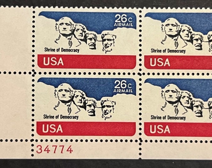 Mount Rushmore Plate Block of Four 26-Cent United States Air Mail Postage Stamps Issued 1974