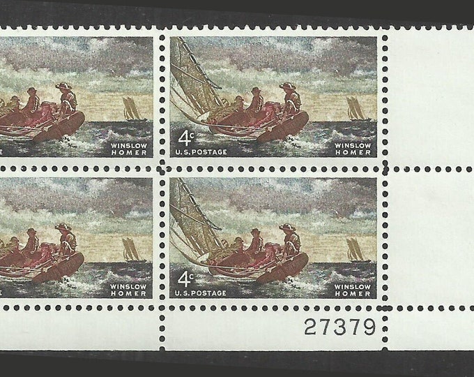 1962 Winslow Homer Plate Block of Four 4-Cent United States Postage Stamps