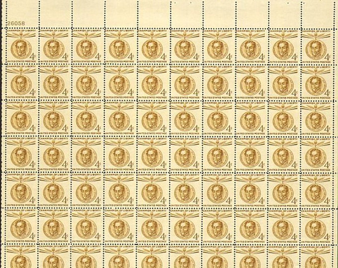 Simon Bolivar Sheet of Seventy 4-Cent United States Postage Stamps Issued 1958