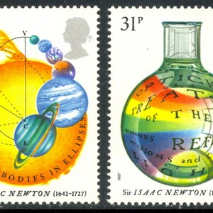 May include: A set of four stamps featuring illustrations of Sir Isaac Newton's scientific discoveries. The stamps depict an apple with geometric lines, a sun with planets orbiting, a glass flask with a rainbow-colored liquid, and a globe with a satellite orbiting. The stamps are all in shades of yellow, orange, red, blue, and green.