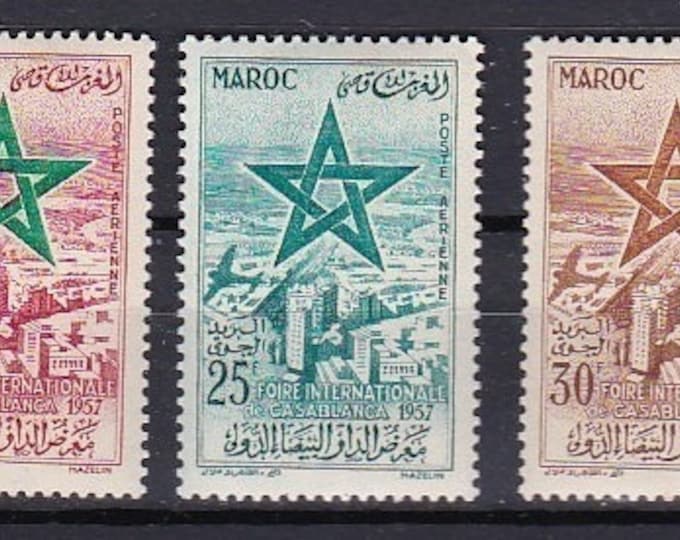 Casablanca Set of Three Morocco Air Mail Postage Stamps Issued 1957