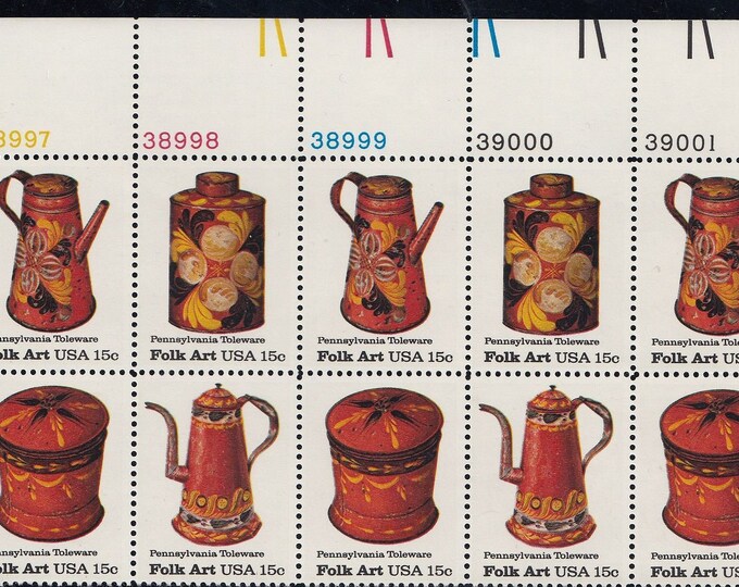 Pennsylvania Toleware Plate Block of Ten 15-Cent USA Postage Stamps Issued 1979