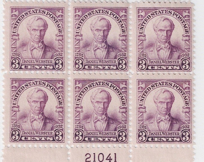 Daniel Webster Plate Block of Six 3-Cent US Postage Stamps Issued 1932