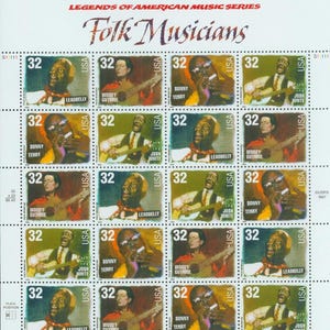 May include: A sheet of postage stamps featuring portraits of folk musicians. The stamps are labeled "Legends of American Music Series" and "Folk Musicians." Each stamp has a value of 32 cents and features a musician such as Leadbelly, Woody Guthrie, and Sonny Terry.