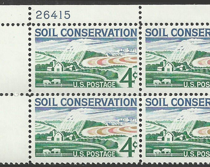 1959 Soil Conservation Plate Block of Four 4-Cent United States Postage Stamps