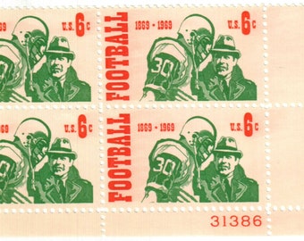 1969 Intercollegiate Football Plate Block of Four 6-Cent US Postage Stamps Mint Never Hinged