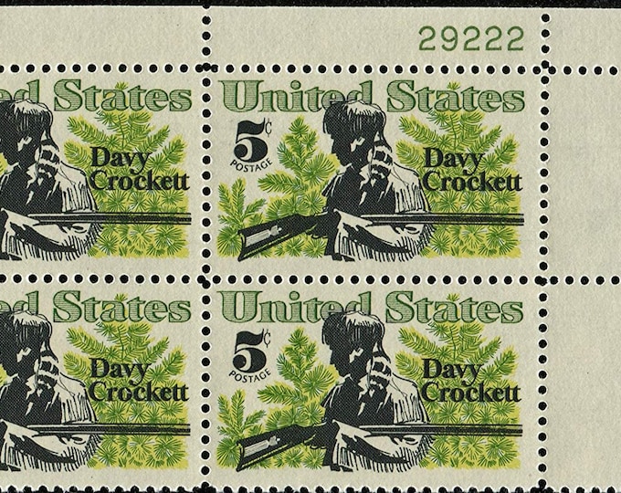 1967 Davy Crockett Plate Block of Four 5-Cent US Postage Stamps Mint Never Hinged