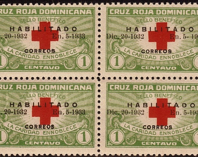 Red Cross Block of Four Dominican Republic Postage Stamps Issued 1932