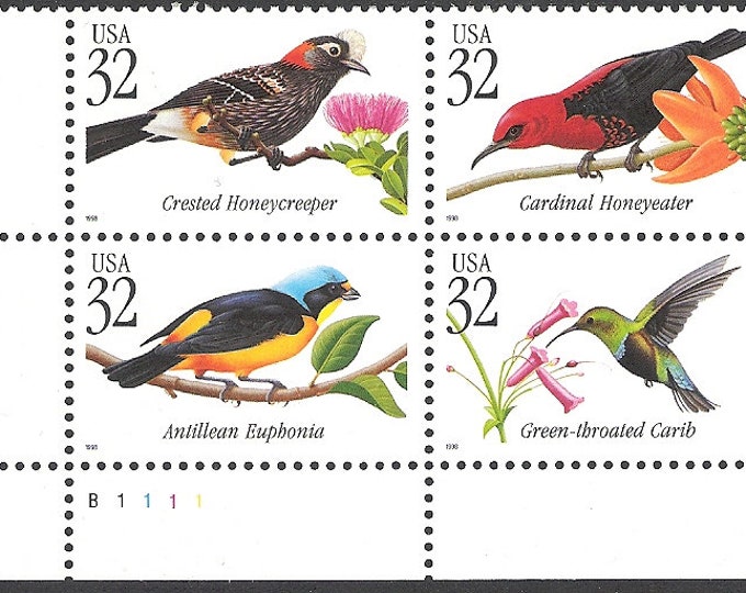 Tropical Birds Plate Block of Four United States 32-Cent Postage Stamps