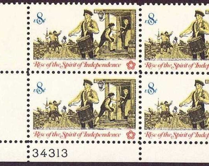 1973 Drummer Colonial Communications Bicentennial Series Plate Block of Four 8-Cent United States Postage Stamps