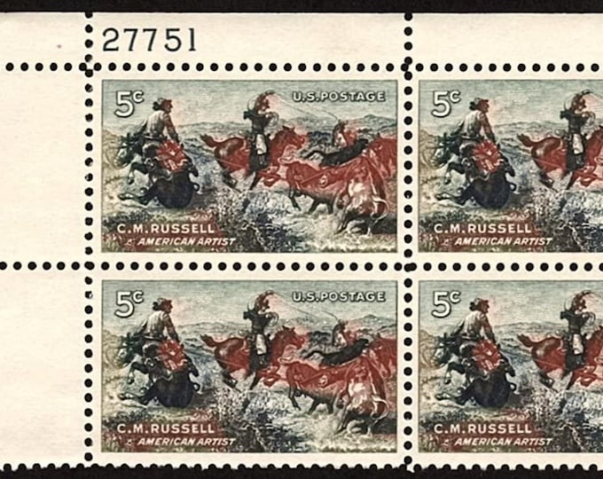 Charles M Russell American Artist Plate Block of Four 5-Cent United States Postage Stamps Issued 1964