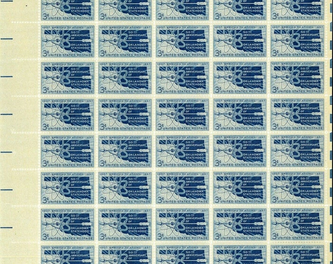 Oklahoma Statehood Sheet of Fifty 3-Cent United States Postage Stamps Issued 1957