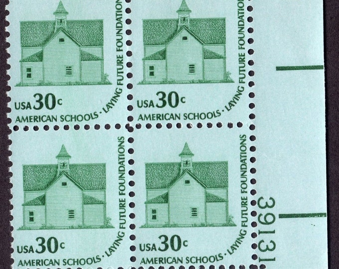 American Schoolhouse Plate Block of Four 30-Cent United States Postage Stamps Issued 1979