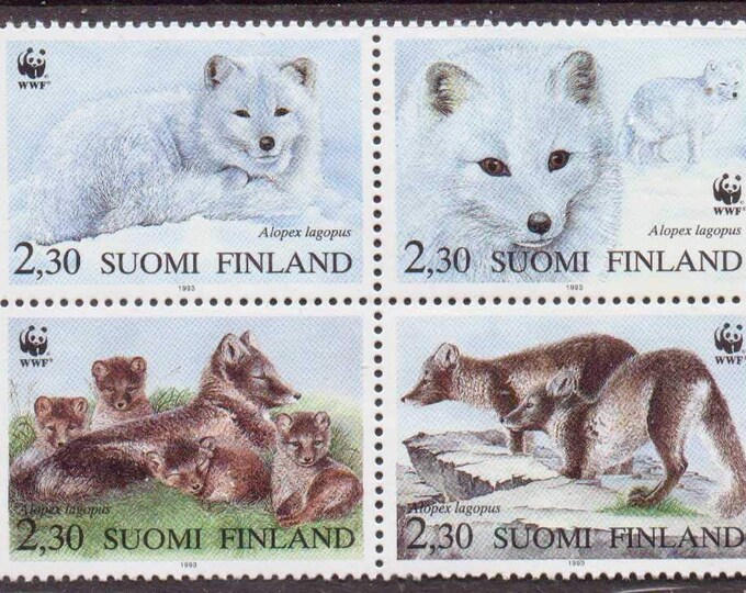 1993 World Wildlife Fund Arctic Fox Block of Four Finland Postage Stamps Mint Never Hinged