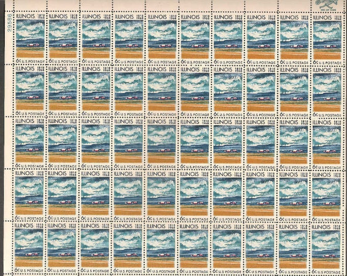 Illinois Statehood Sheet of Fifty 6-Cent United States Postage Stamps Issued 1968