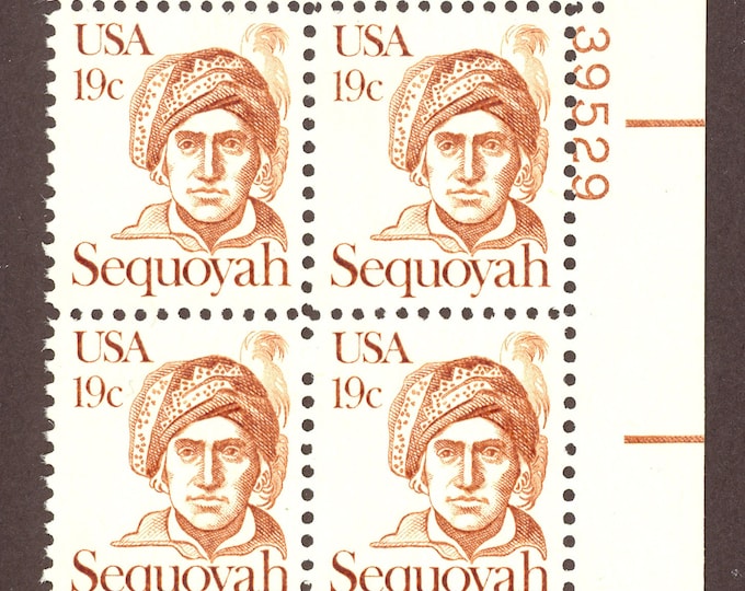 Sequoyah Plate Block of Four 19-Cent United States Postage Stamps Issued 1980