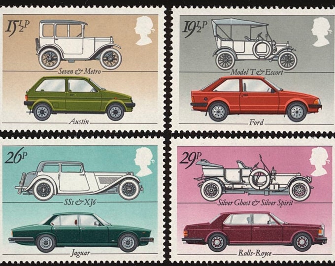 British Motor Cars Set of Four Great Britain Postage Stamps Issued 1982