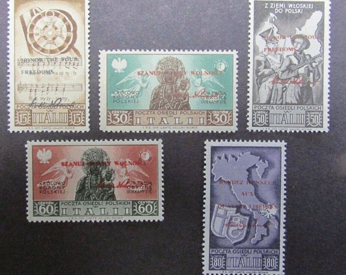 Polish Corps In Italy Four Freedoms Overprint Set of Five Postage Stamps Issued 1946
