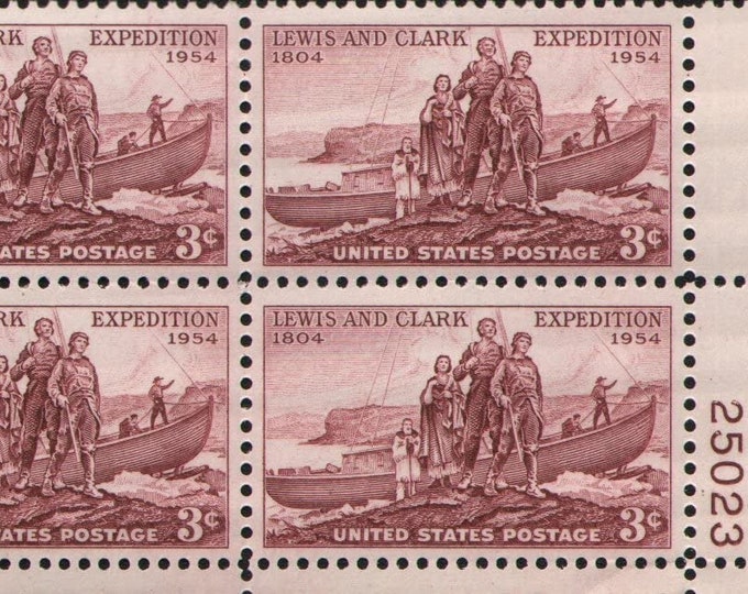 1954 Lewis and Clark Expedition Plate Block of Four 3-Cent US Postage Stamps Mint Never Hinged