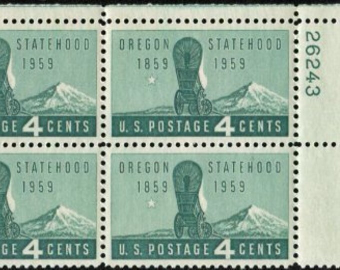 Oregon Statehood Plate Block of Four 4-Cent United States Postage Stamps Issued 1959