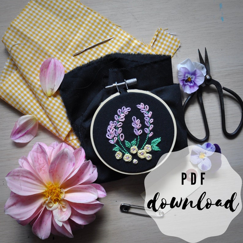 Beginner DIY Embroidery Pattern PDF Download, 3, 4, Lavender Bouquet