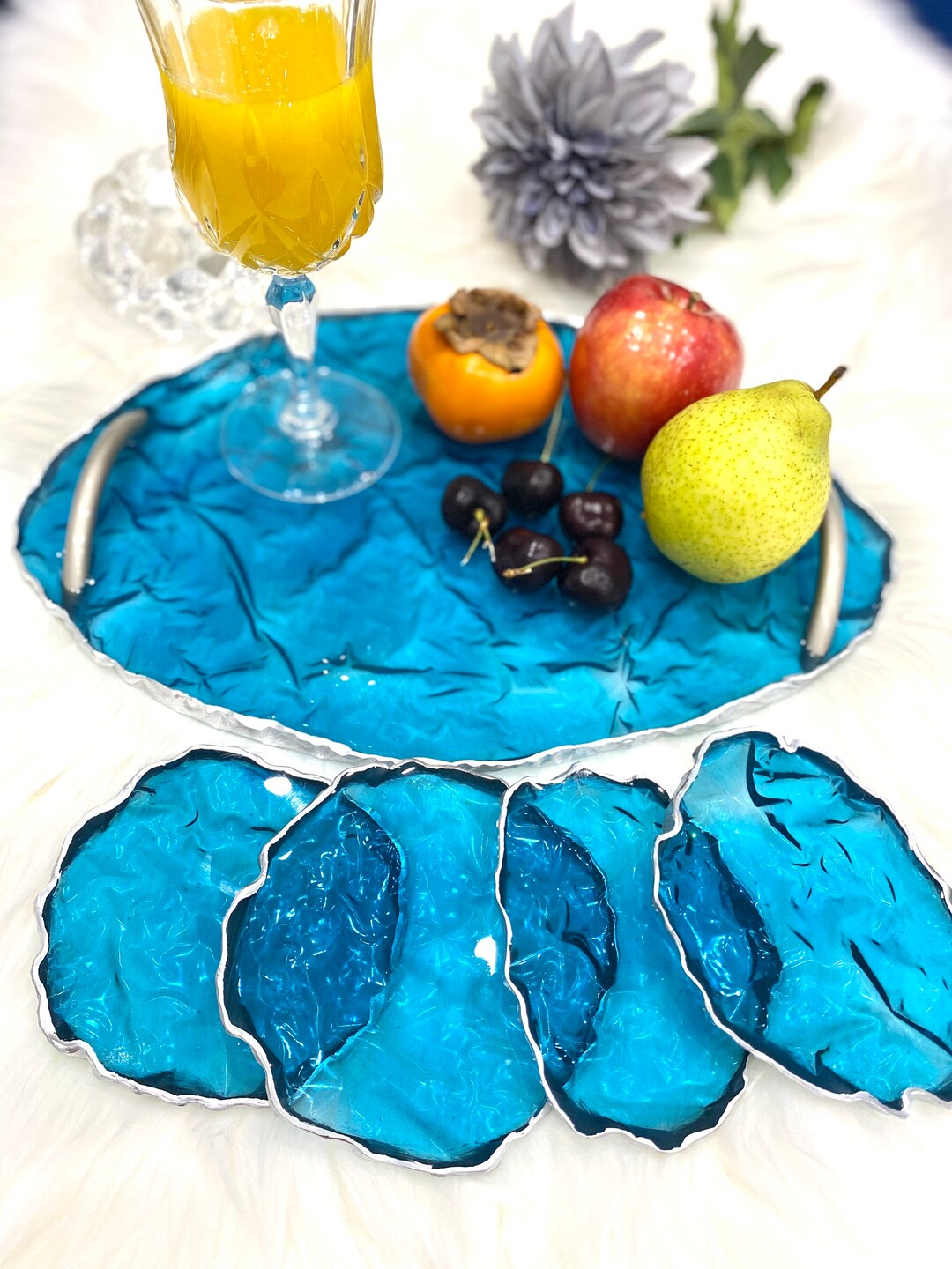 Coasters and Tray Set in Blue/resin /ocean /water/ Silk Effect Etsy
