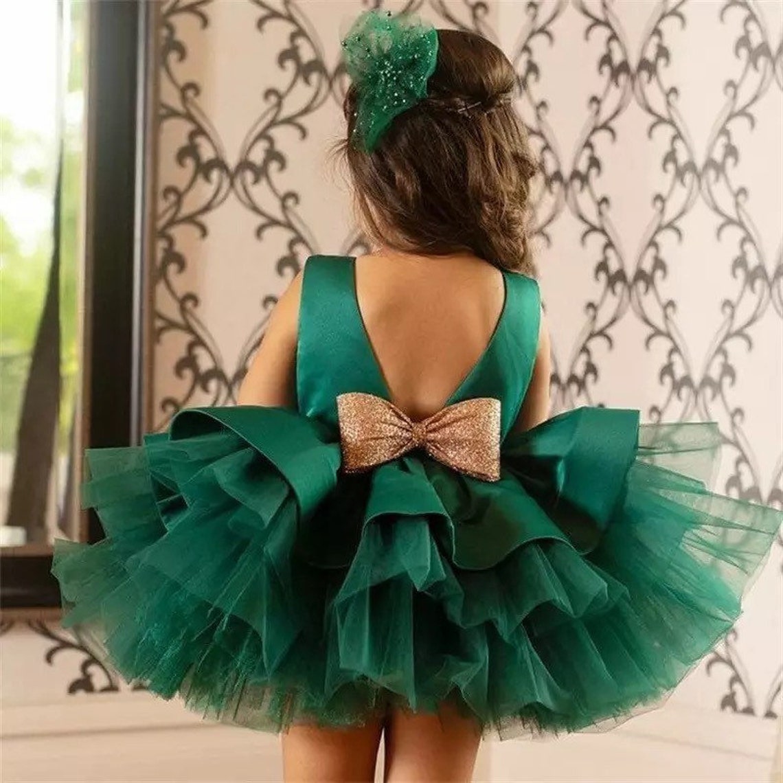 bebe emerald green dress Floral Smocked Green Silk Short Sleeve Baby Dress – Carriage Boutique main image 0