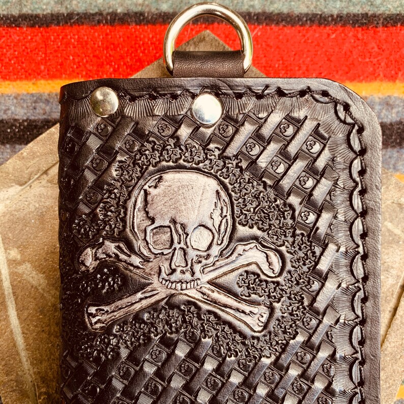 Biker Wallet Skull Basket Weave Black.
