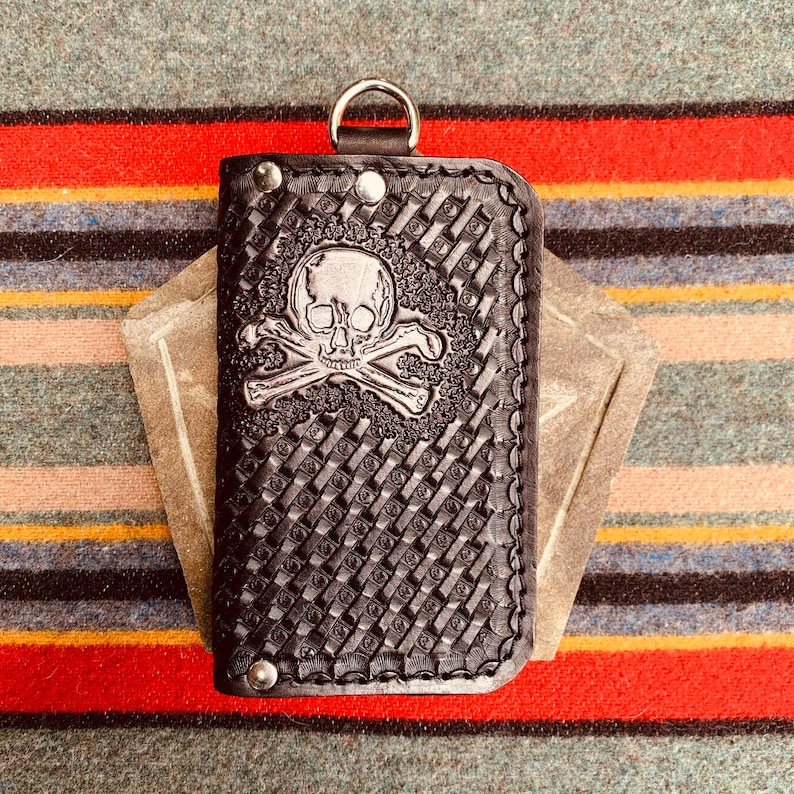 Biker Wallet Skull Basket Weave Black.