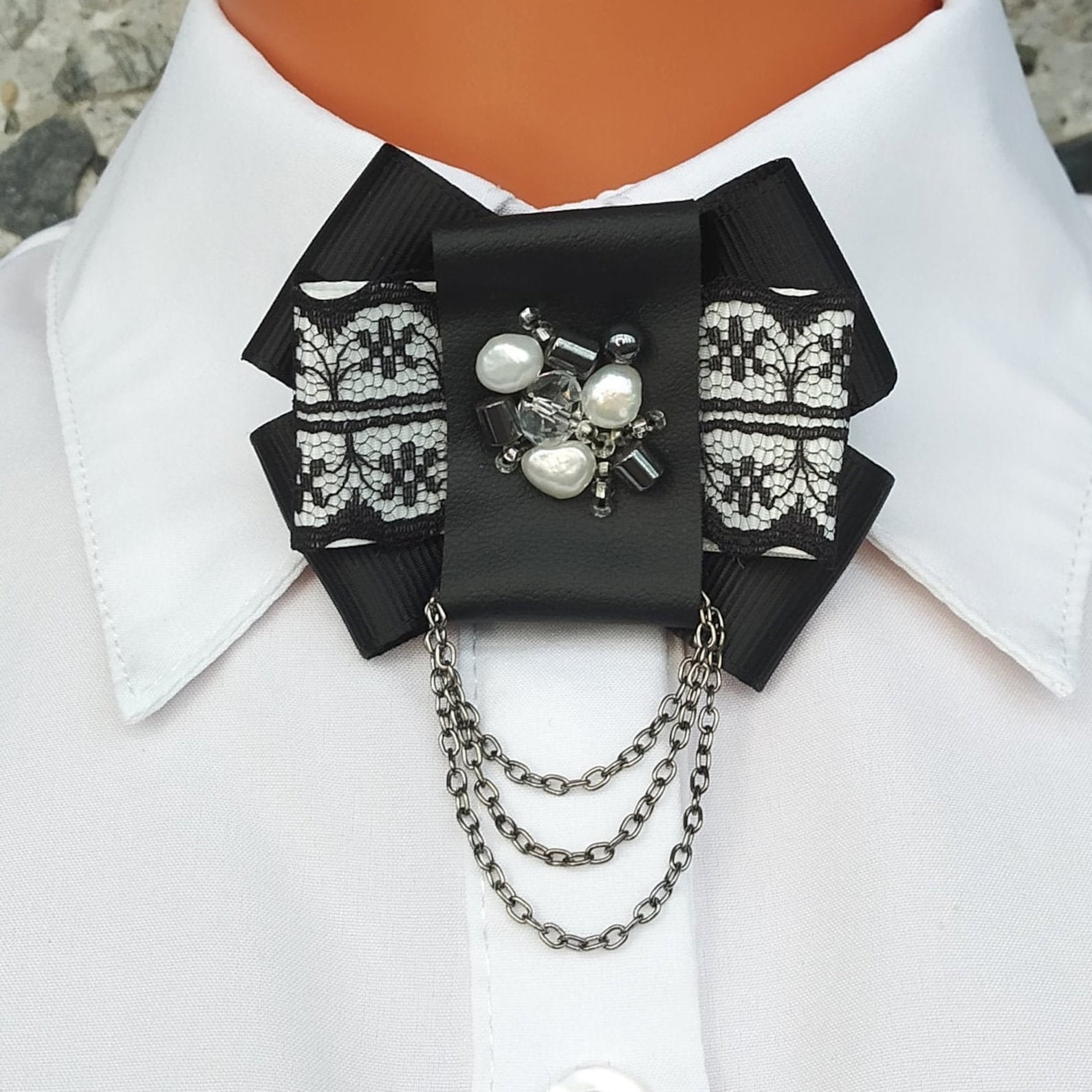 Bow tie brooch. Neck brooch victorian inspired. Black white Etsy