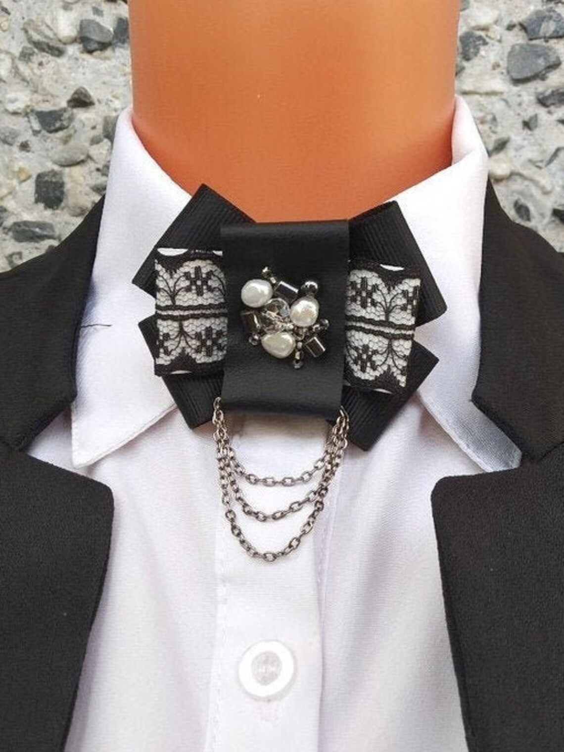 Bow tie brooch. Neck brooch victorian inspired. Black white Etsy