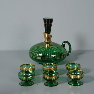 Vintage Art Deco liqueur set emerald green liqueur set decanter with liqueur glasses