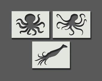 Octopus / Squid Stencils - Reusable Stencils Wall Art Home Décor Painting Art & Craft. Underwater. Size and Style options A6, A5, A4, A3, A2