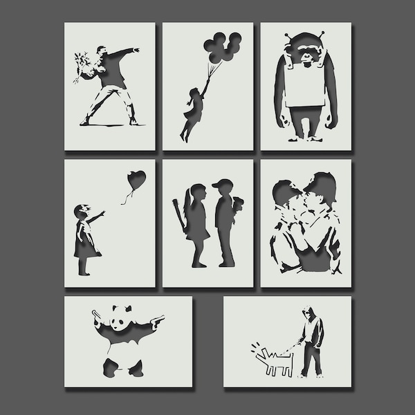 Banksy Schablonen - Teil 1 - Wiederverwendbare Schablonen für Wandkunst, Dekoration, Malerei, Kunst & Handwerk, Größen- und Stiloptionen A6, A5, A4, A3, A2