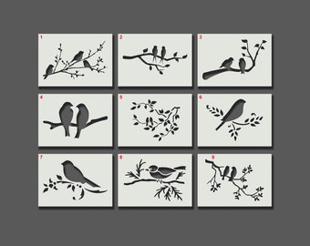 Oiseaux sur une branche d'arbre - Pochoirs réutilisables pour l'art mural, la décoration intérieure, la peinture, les travaux manuels, les options de taille A6, A5, A4, A3, A2