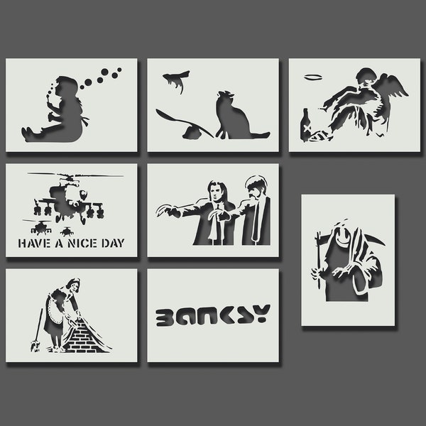 Pochoirs Banksy - Partie 3 - Pochoirs réutilisables pour l’art mural, la décoration intérieure, la peinture, l’art et l’artisanat, options de taille et de style A6, A5, A4, A3, A2