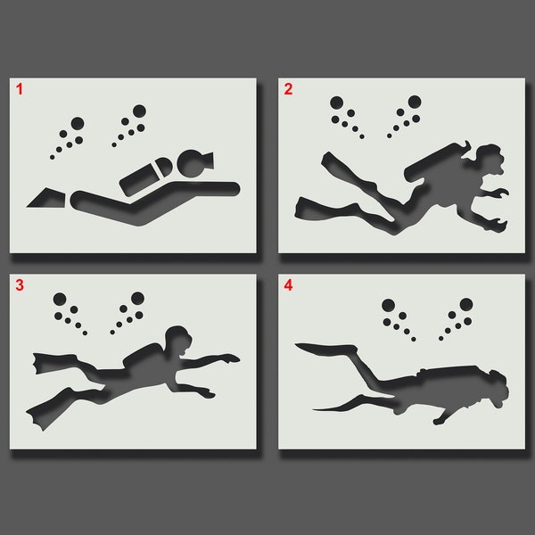 Scuba Diver Stencils - Reusable Stencils for Wall Art Home Décor, Art & Craft. Underwater / Diving. Size and Style options A6,A5, A4, A3, A2