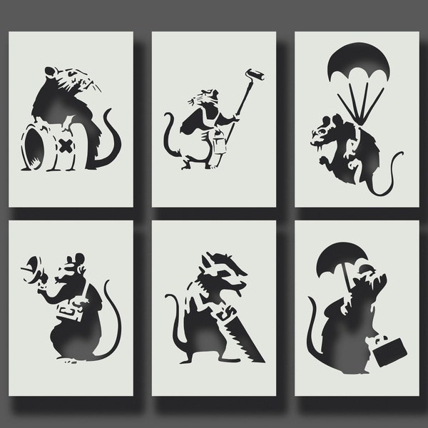 Banksy Rat Stencils - Part 2 - Reusable Stencils for Wall Art, Home Décor, Painting, Art & Craft, Size options - A6, A5, A4, A3, A2