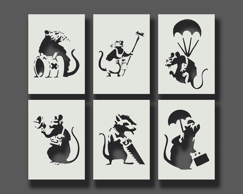 Banksy Rat Stencils Part 2 Reusable Stencils for Wall Art, Home Décor, Painting, Art & Craft, Size options A6, A5, A4, A3, A2 image 1