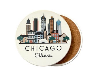 Chicago Illinois Absorbent Flat Ceramic Coaster with Cork Backing