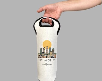 Los Angeles California Skyline Wine Carrier Tote Neoprene Lining Liquor Bottle Cooler
