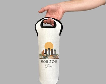 Houston Texas Skyline Wine Carrier Tote Neoprene Lining Liquor Bottle Cooler