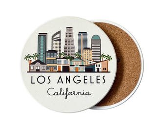 Los Angeles California Illustrated Skyline Absorbent Flat Ceramic Coaster with Cork Backing