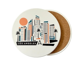 Los Angeles California Geometric Skyline Absorbent Flat Ceramic Coaster with Cork Backing