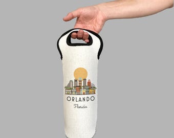 Orlando Florida Skyline Wine Carrier Tote Neoprene Lining Liquor Bottle Cooler