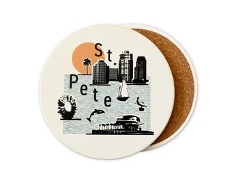 St. Petersburg Florida Collage Skyline Absorbent Ceramic Stone Coaster with Cork Backing